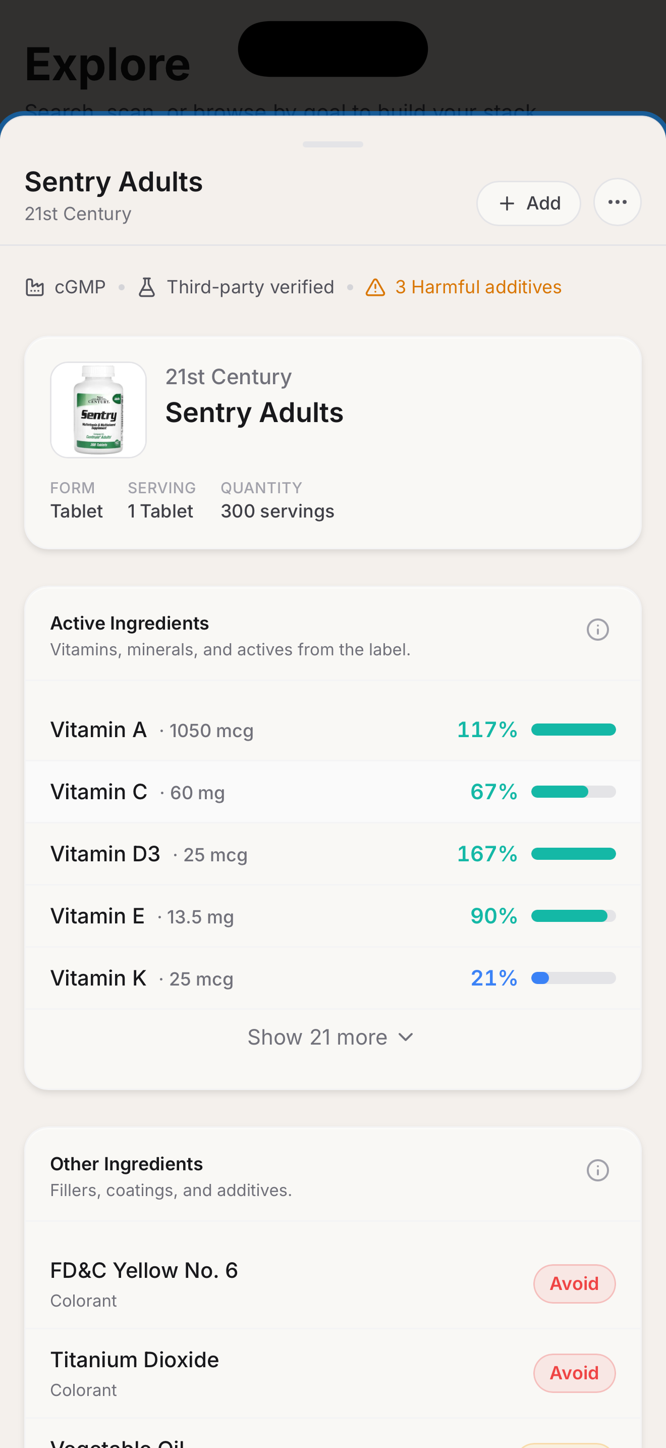 Supplement details showing active ingredients, other ingredients, and label essentials